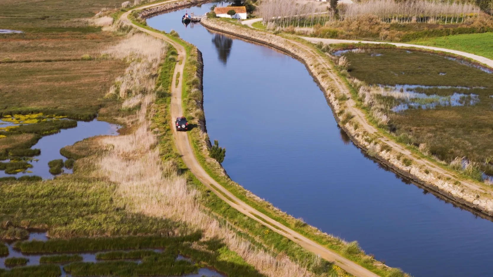 Coastal lagoon ecosystem with calm waters and natural vegetation in Portugal