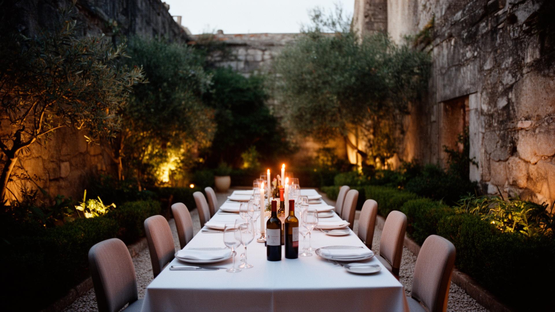 Private outdoor dining in a Portuguese garden courtyard