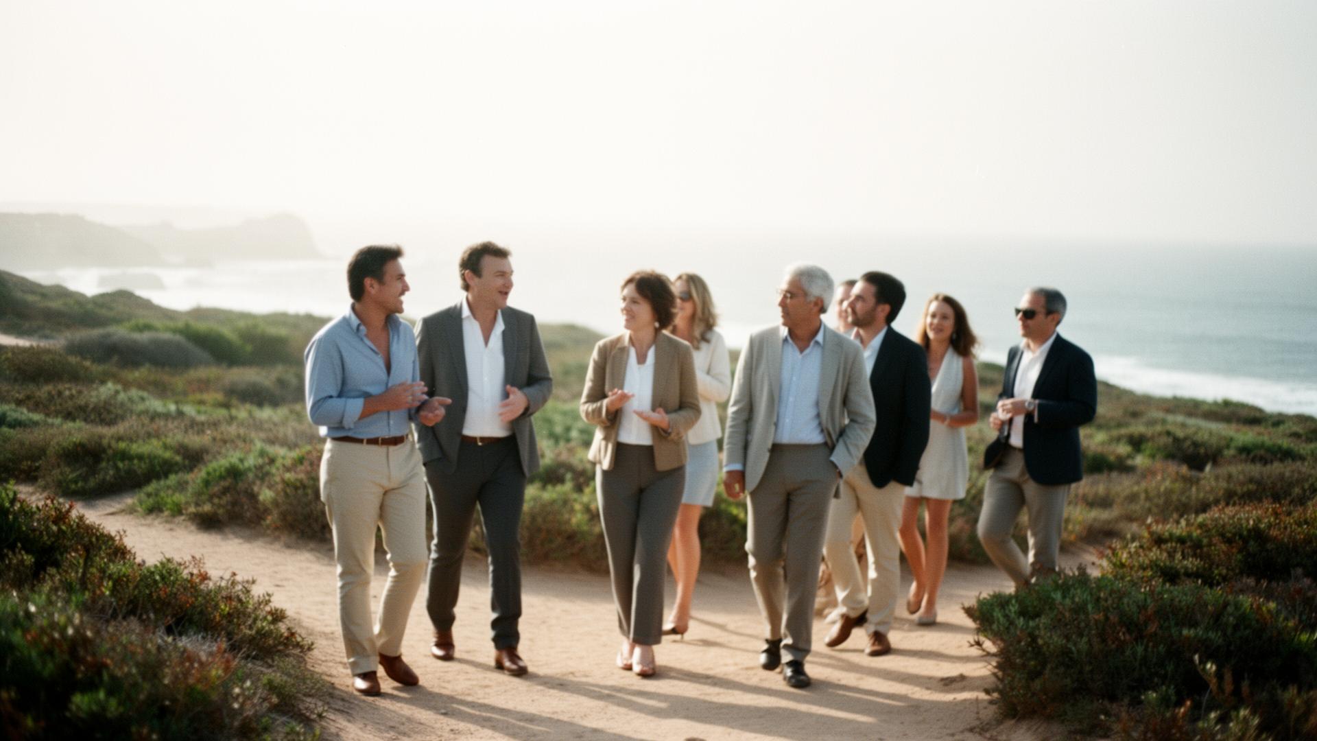 Small group walking together in a natural coastal setting before a private retreat session
