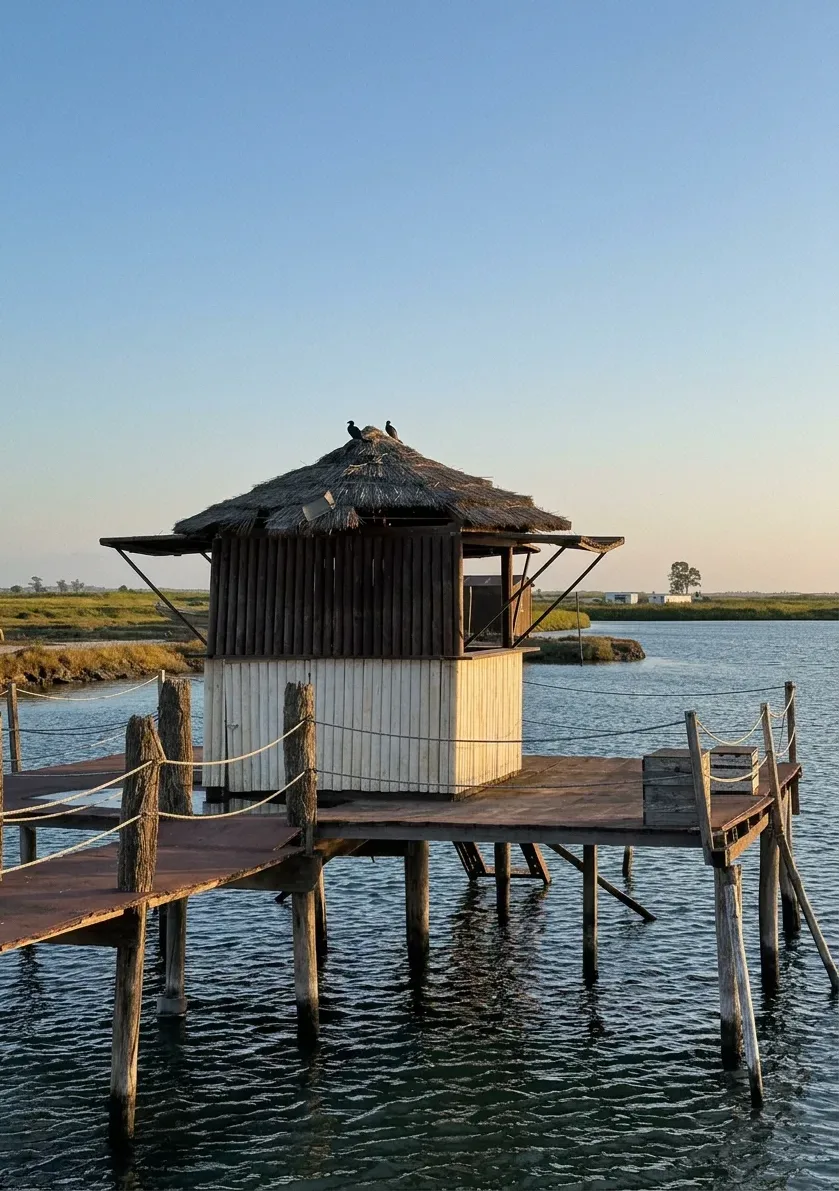 Traditional stilt hut on the Ria de Aveiro lagoon at golden hour