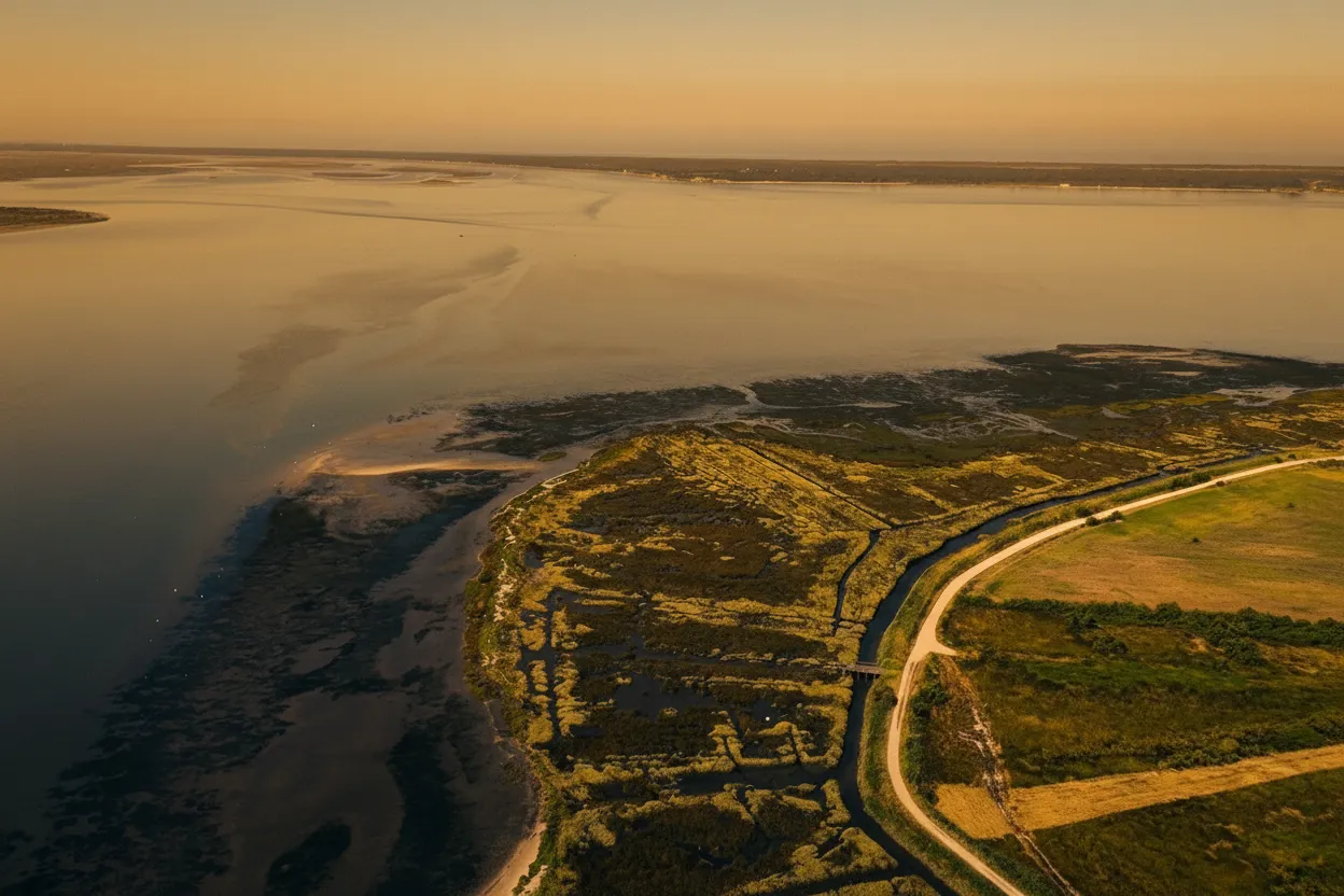 Private boat crossing the calm channels of the Aveiro lagoon towards oyster beds