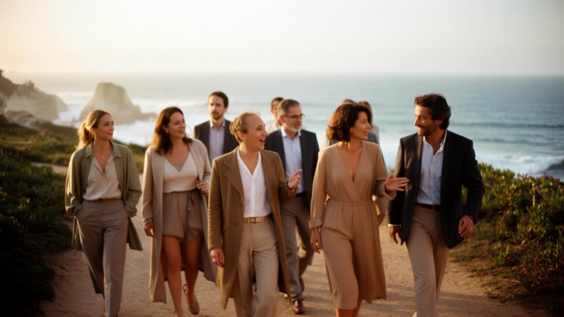 Small group walking together along a refined Portuguese coastal path before a private incentive programme