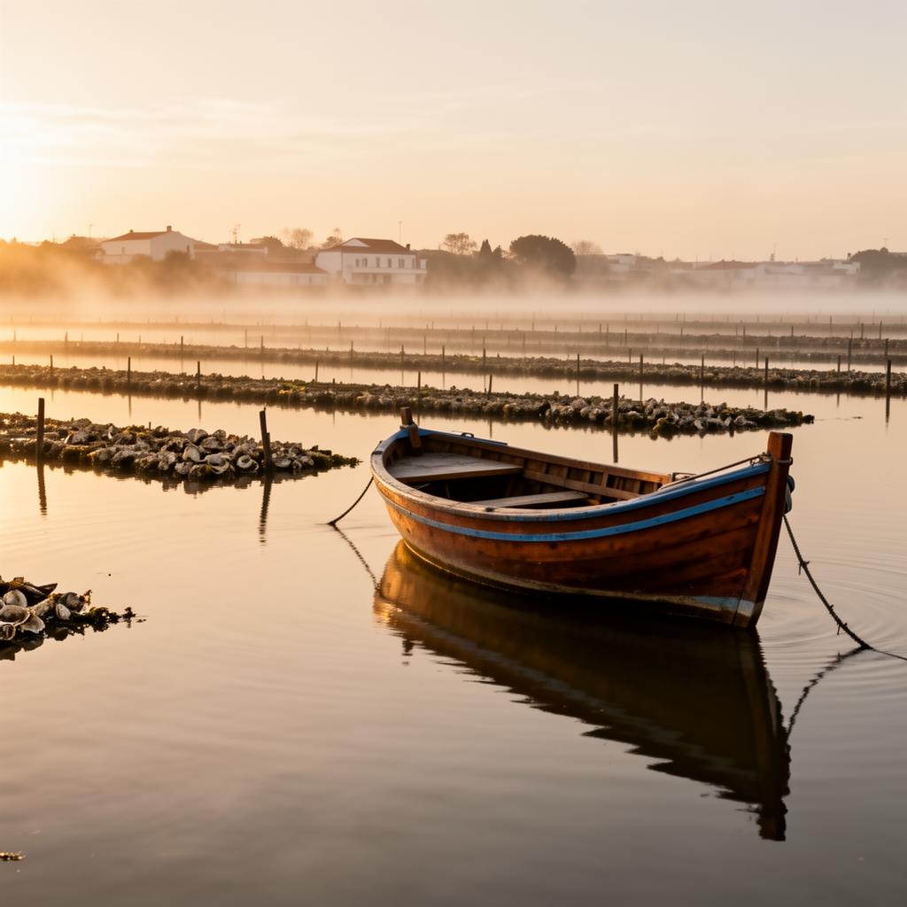 Traditional wooden boat on calm Aveiro lagoon at sunrise with oyster beds visible