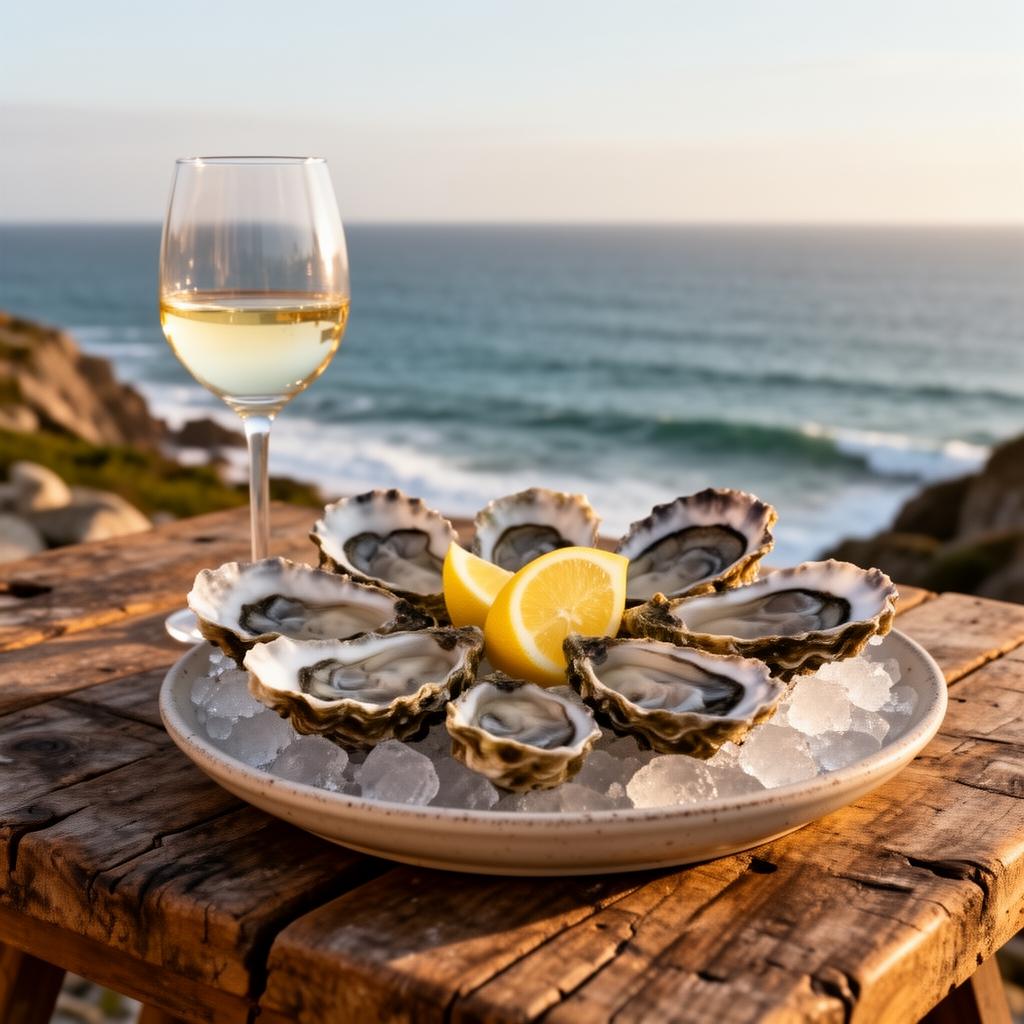 Fresh oysters on ice with white wine glass overlooking the Atlantic ocean in Portugal