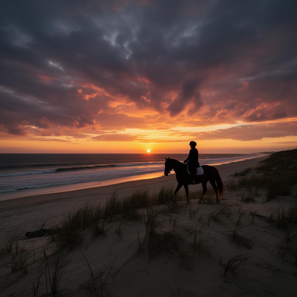 Horseback rider silhouette on Atlantic beach dunes at sunset in Portugal