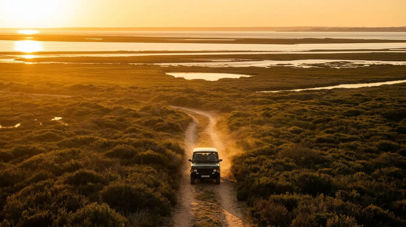 Range Rover Classic driving through coastal marshland trail near the Aveiro lagoon at golden hour