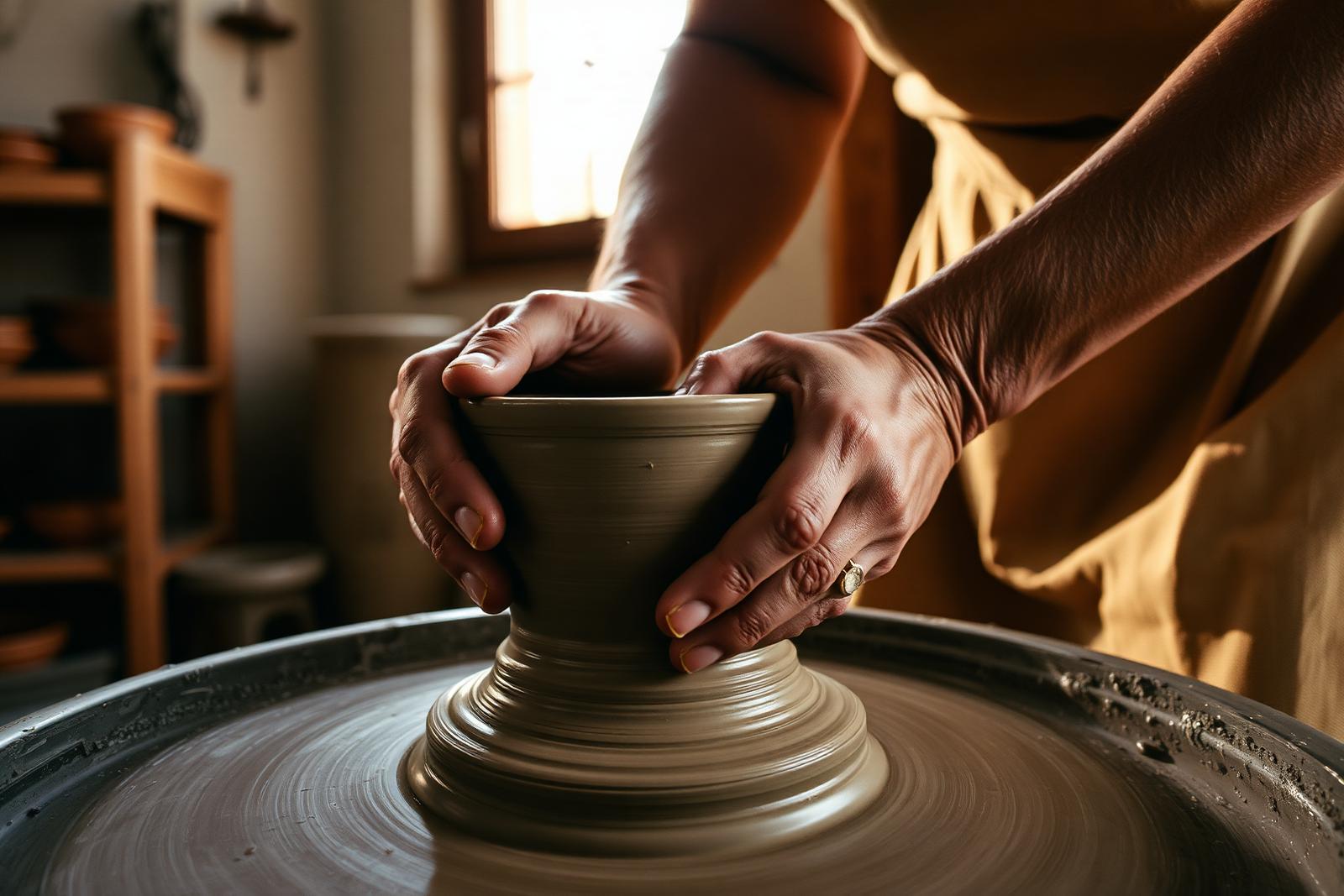Hands shaping wet clay on a slow-turning potter's wheel in a quiet Porto ceramic studio with warm side light from a window