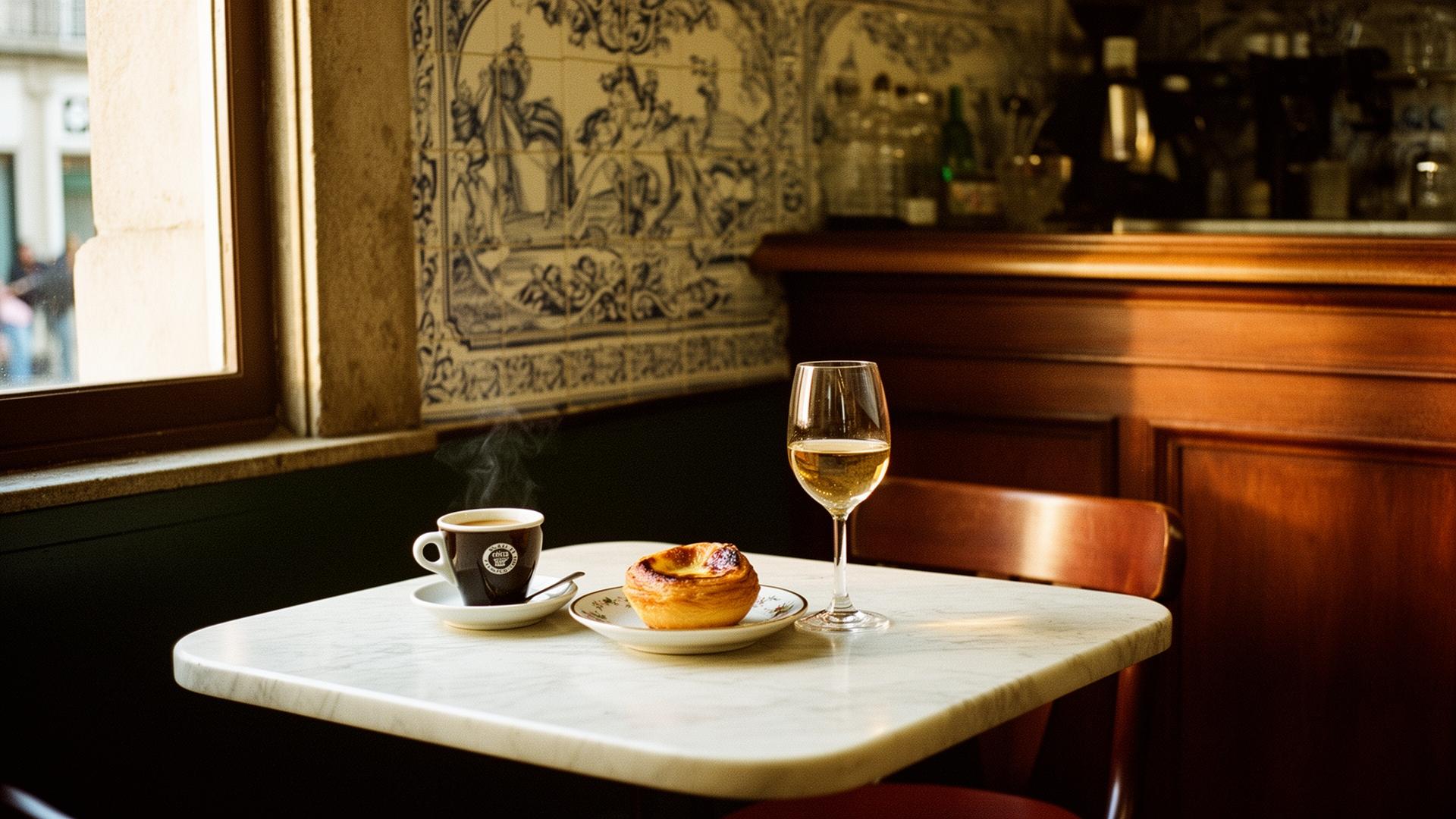 Marble café table in a traditional Porto coffee house with espresso, a pastel de nata and a glass of white Port wine beside an azulejo-tiled wall