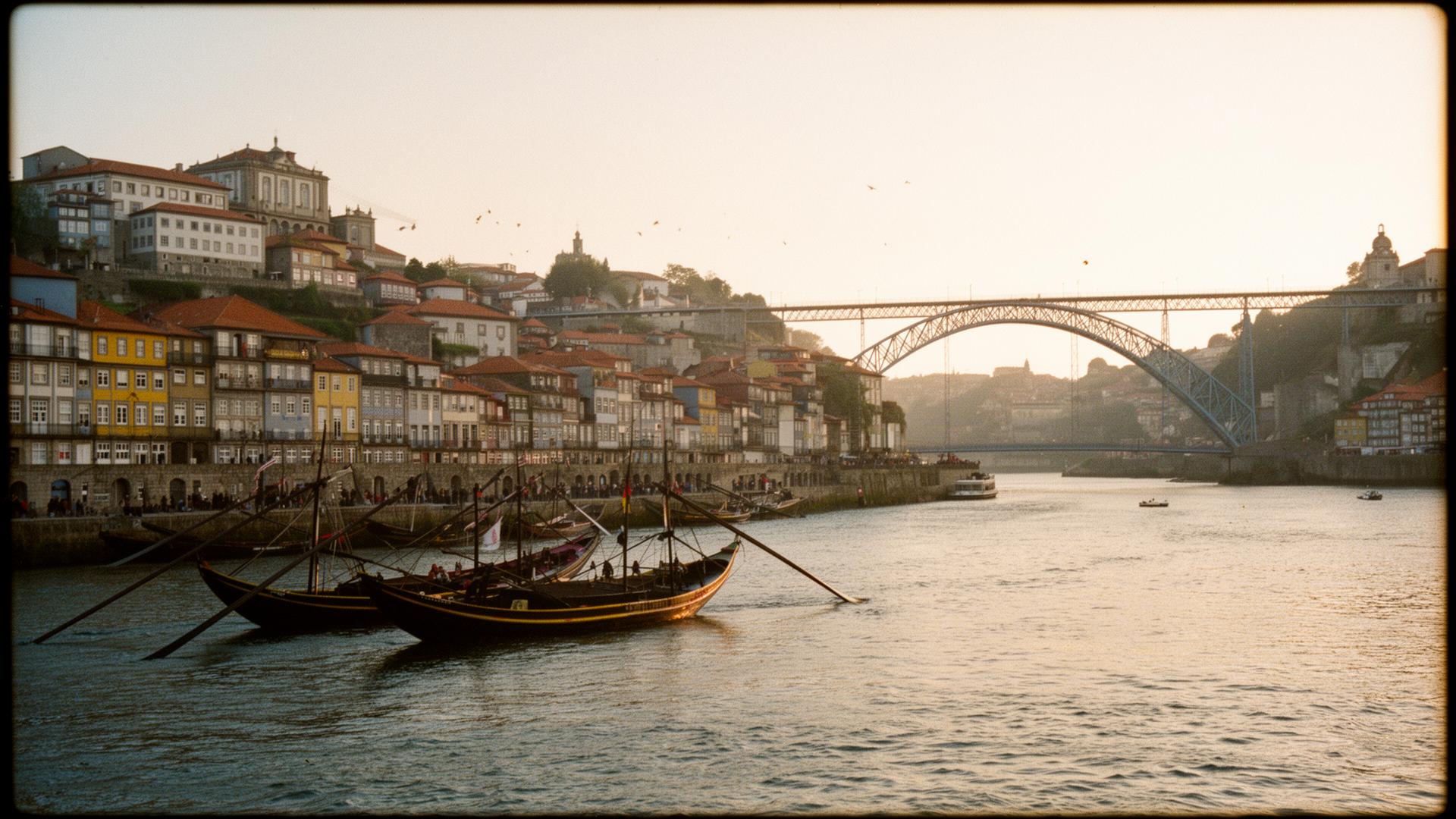 View across the Douro toward the Port wine lodges of Vila Nova de Gaia at golden hour