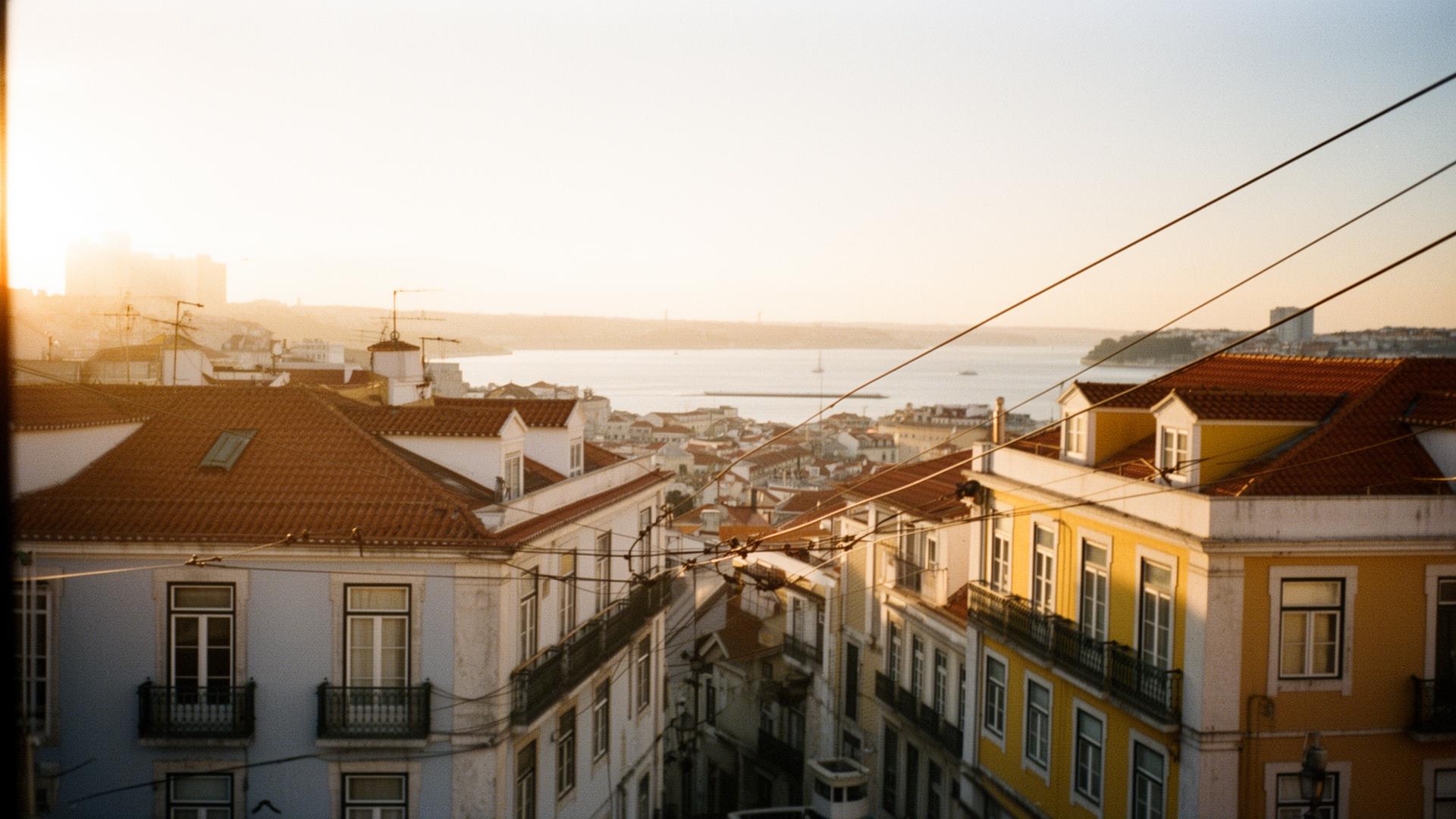 Lisbon tiled rooftops at golden hour with the Tagus river in the distance