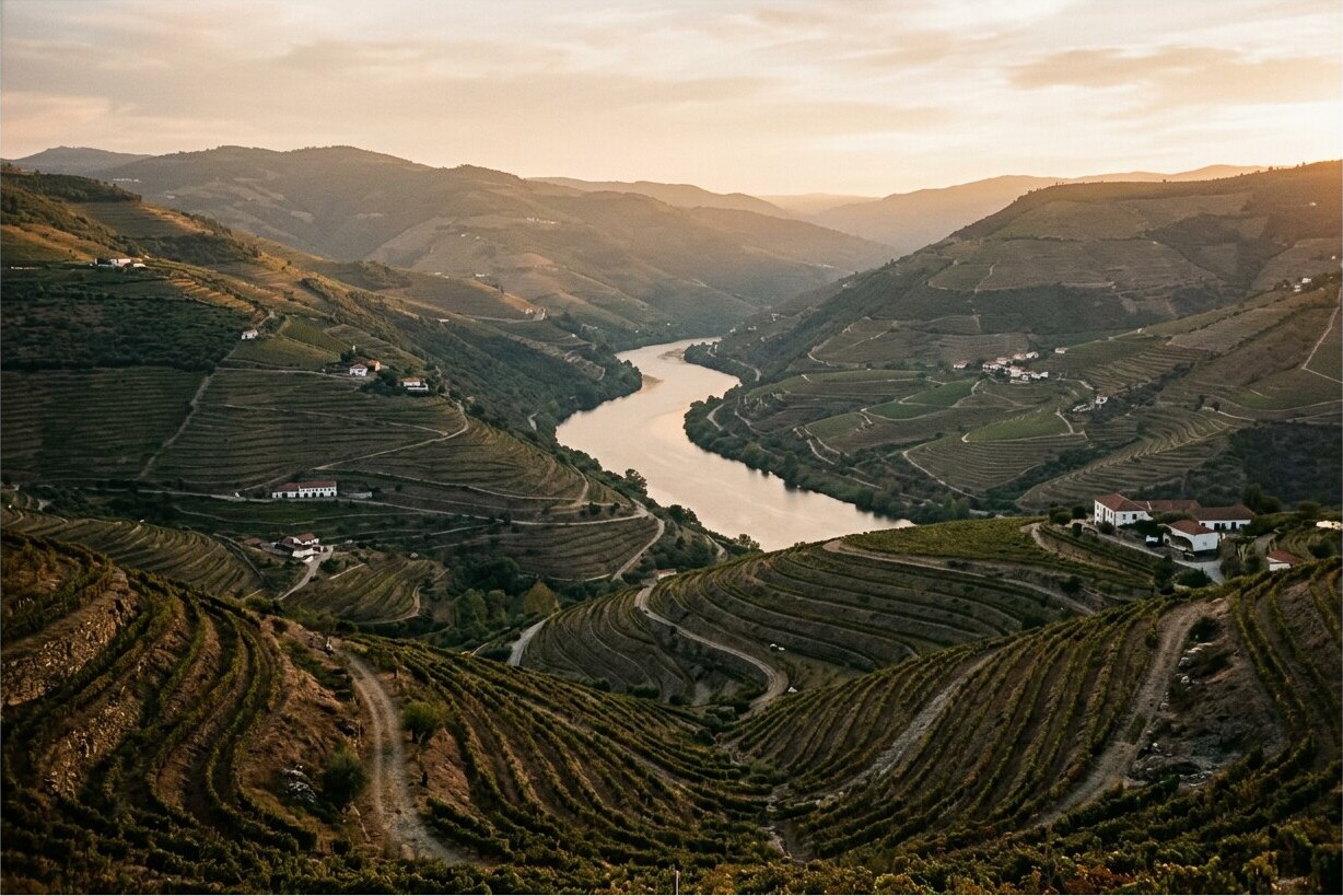 Terraced vineyards descending toward the Douro river at golden hour in northern Portugal