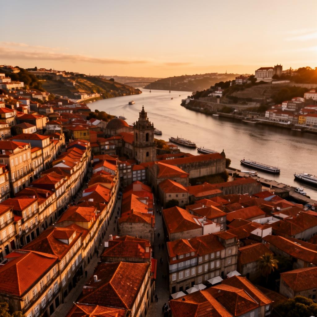 Aerial view of Porto historic centre and Douro river at golden hour