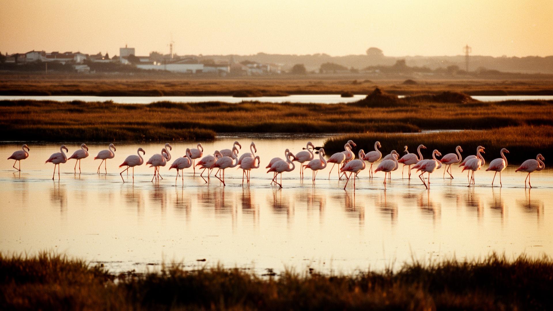 Flamingos wading in the shallow waters of the Aveiro coastal lagoon at sunrise