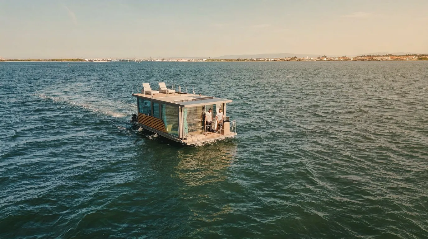 Aerial view of a private floating house crossing the Aveiro lagoon in Portugal