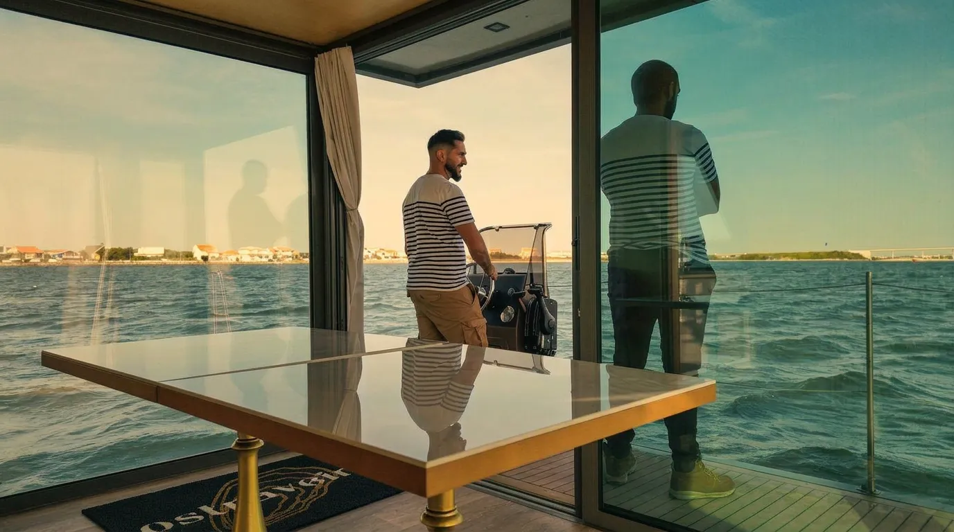 Captain steering the floating house through the calm waters of the Ria de Aveiro