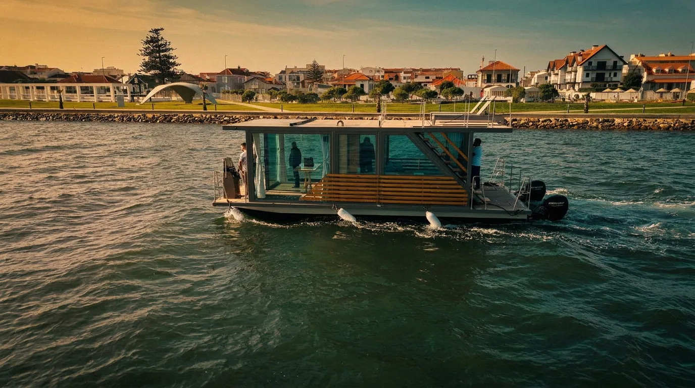 Contemporary floating venue navigating the Aveiro lagoon with Portuguese coastline in the background