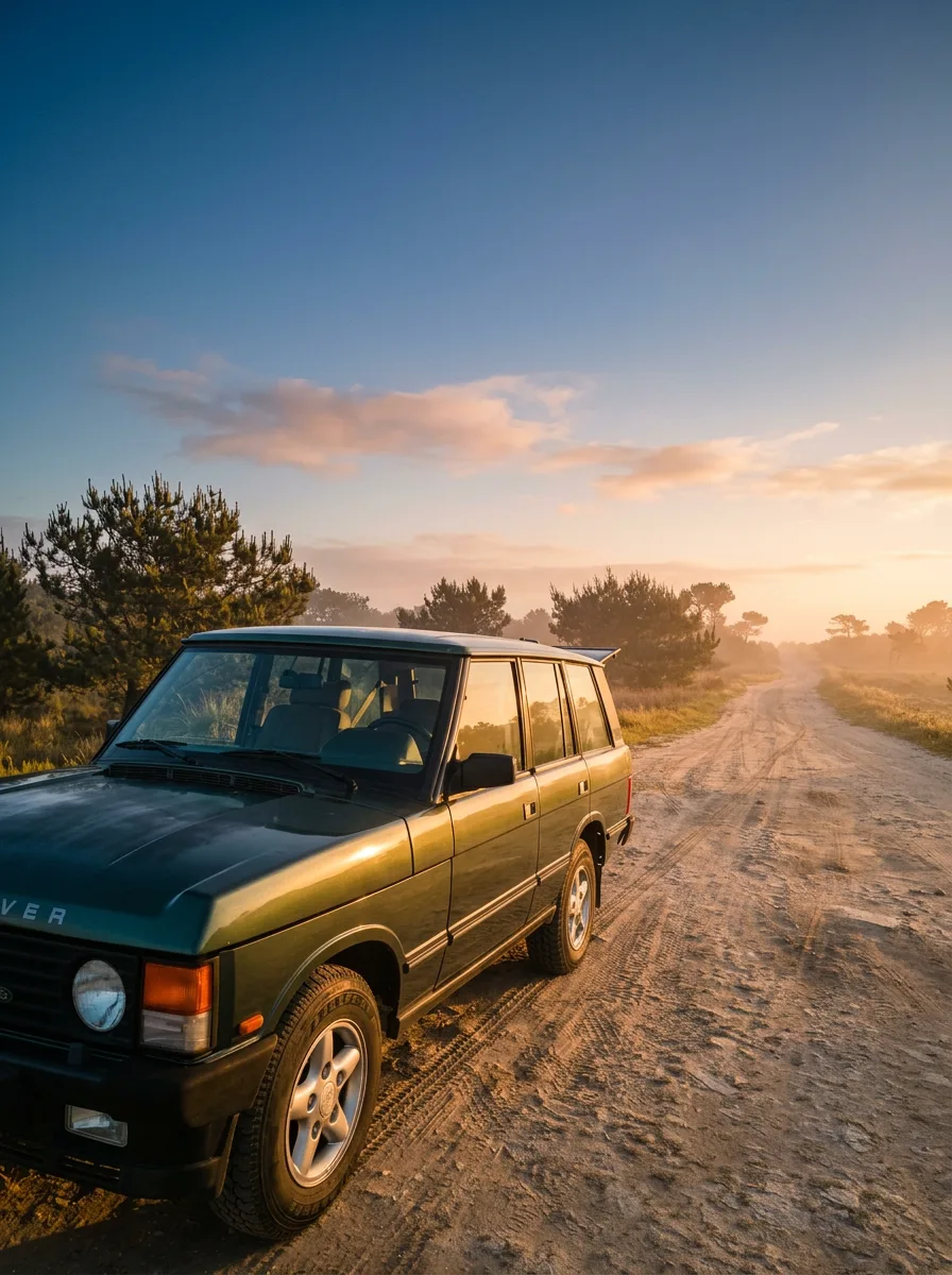 Green Range Rover Classic on a private off-road journey along a sandy Atlantic coastal trail in Northern Portugal at golden hour — Livin' Easy Wild Atlantic Journey